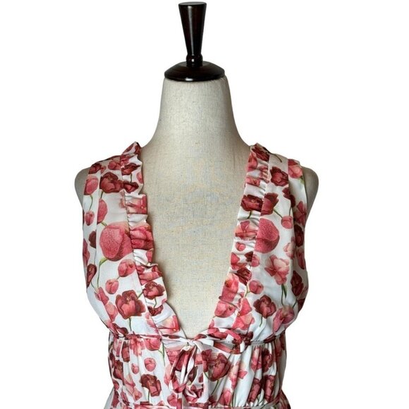 Samantha Sipos Ivory‎ And Red Strawberry Floral Print Ruffle Midi Dress Size S - Picture 4 of 13
